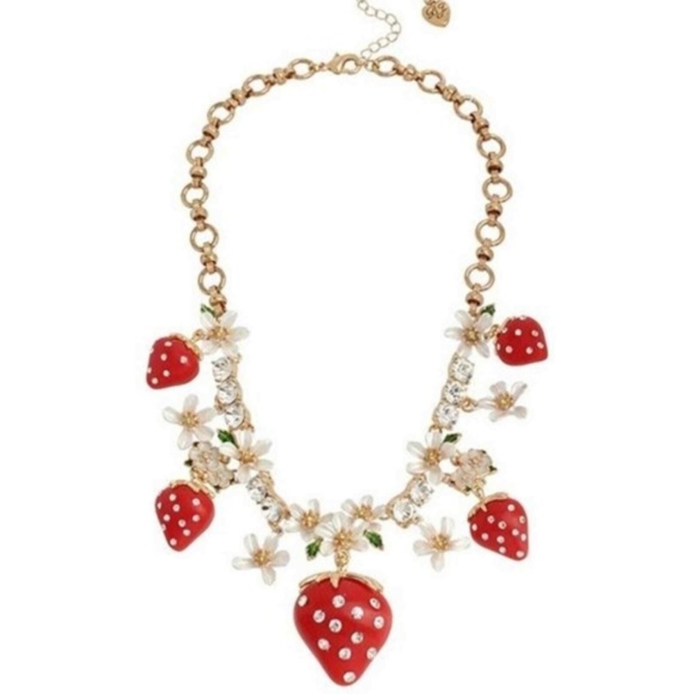 Betsey Johnson Strawberry Flower Charm Necklace Gold Tone Red Crystal Rhinestone